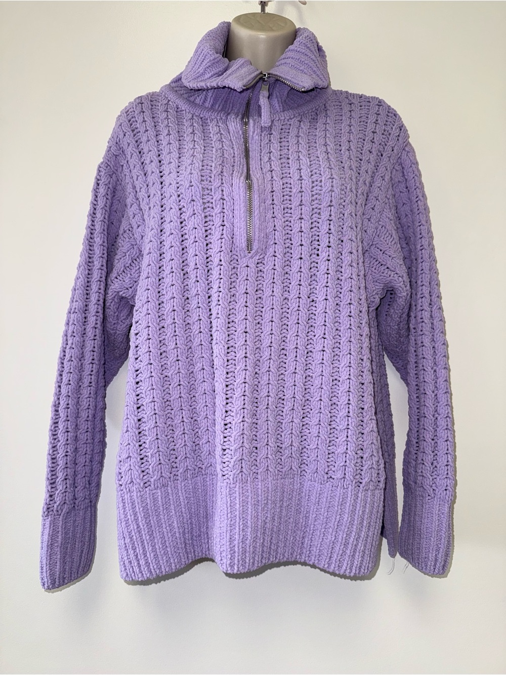 Aerie (Medium) Purple 3/4 Zip Up Soft Knit Pullover with High Neck Fold-Over